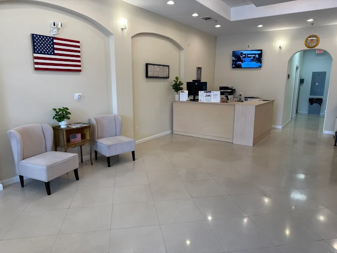 Welcoming lobby with American flag